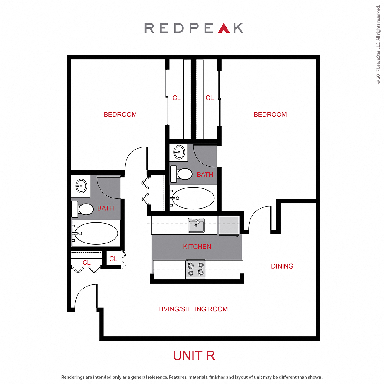 Floor plan for 2 beds, 2 baths, 905 sqft